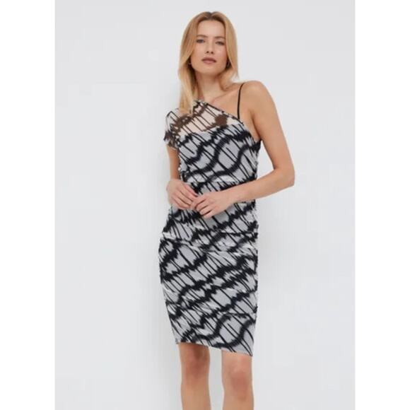 DKNY Asymmetrical Cold Shoulder Mesh Dress Large Black Grey Combo Printed NWT - Picture 1 of 15